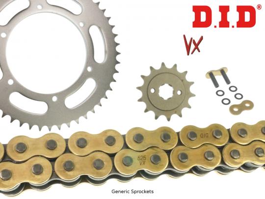 DID VX Heavy Duty X-Ring Gold and Black Chain and Pattern Sprocket Kit